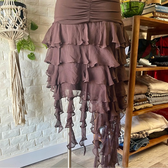 VTG Y2K BCBG MAXAZRIA Brown Ruched Halter Chiffon Ribbon Asymmetrical Dress - Picture 13 of 16